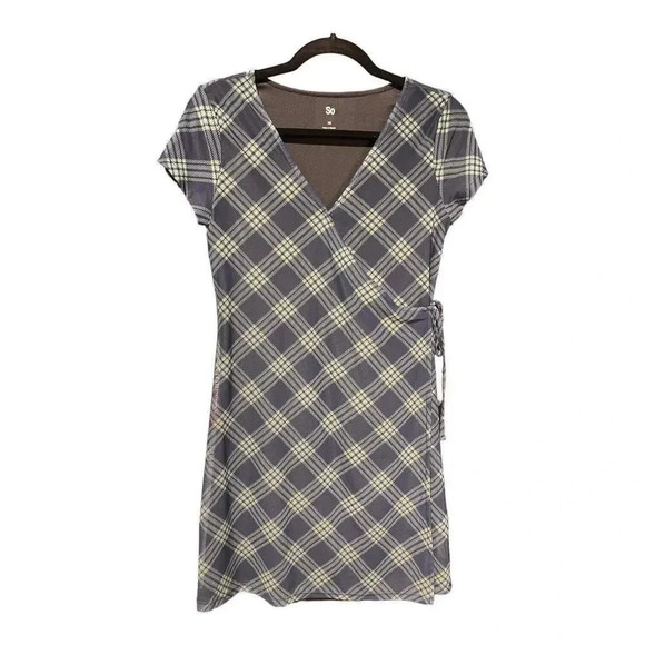 SO Juniors Womens Navy Green Plaid‎ Short Sleeve Faux Wrap Mini Dress Sz Small - Picture 1 of 5